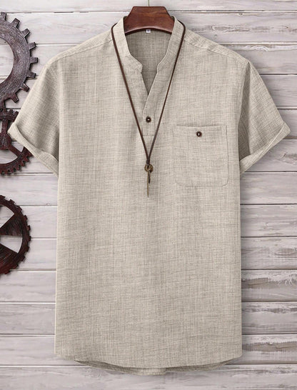 Mens Casual Short-sleeve Solid-color Shirt With A Turn-down Collar