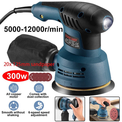 300W ELECTRIC RANDOM ORBITAL SANDER 6 SPEEDS ROTARY PALM CIRCULAR DISC 20x 125mm