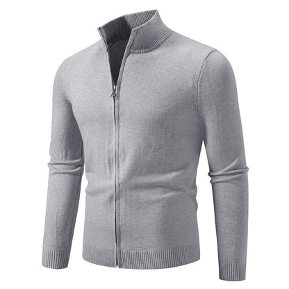 Stand Collar Simple Zipper Solid Color Cardigan Sweater