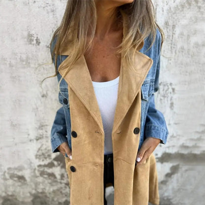 Women's Suit Collar Denim Stitching Mid-length Coat