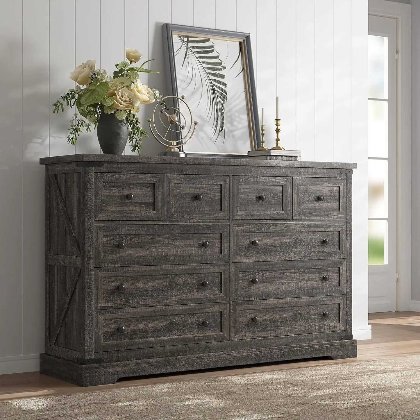 Dressser for Bedroom,Farmhouse Dressers and Chests of Drawers with Smooth Metal Rail,Large and Wide TV Stand Hallway