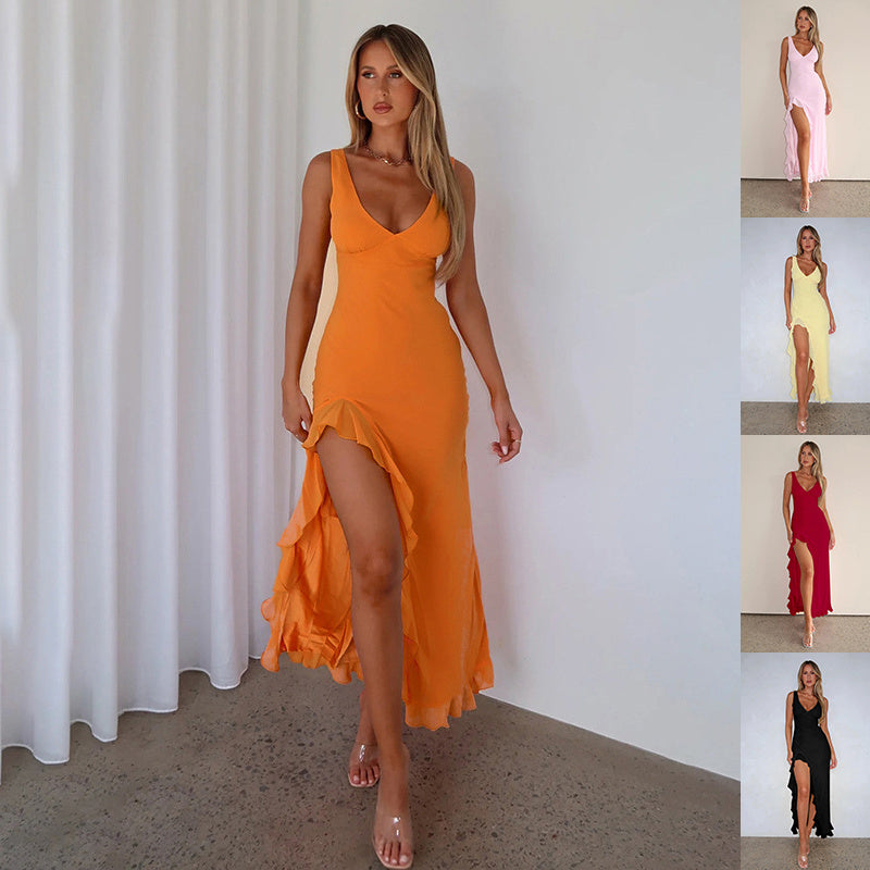 Women's Ruffles Split Suspender Dress Sexy Slim-fit V-neck Evening Party Dresses Clothing