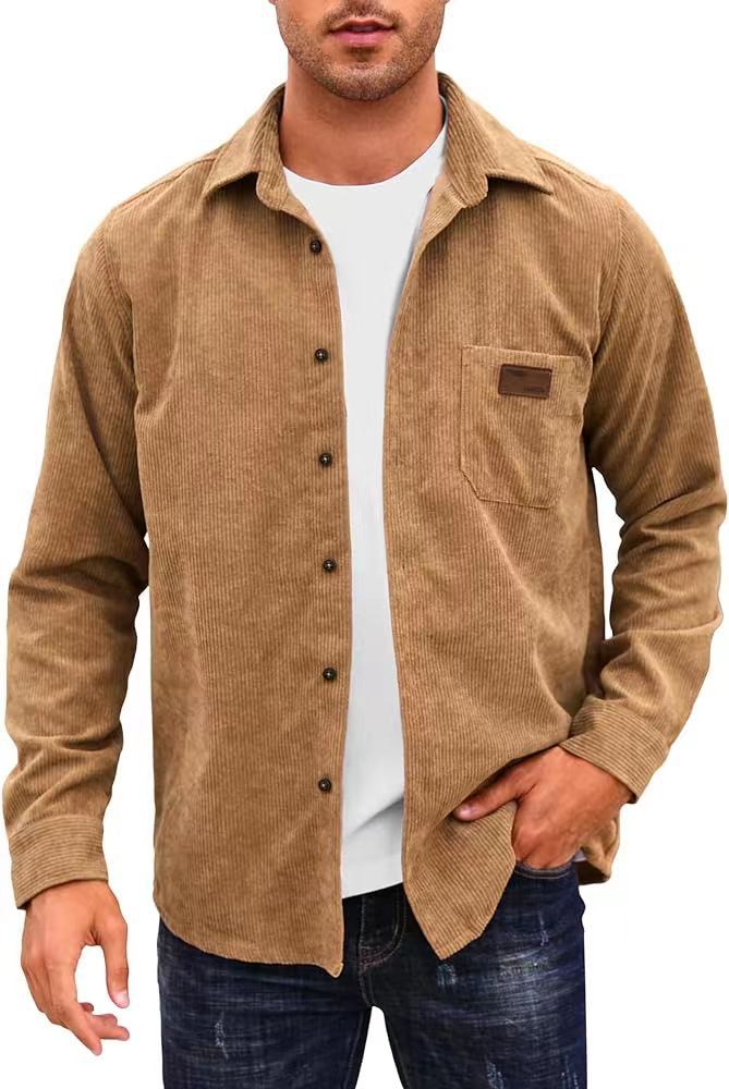 Solid-Color Casual Lapel Corduroy Long-Sleeve Cardigan