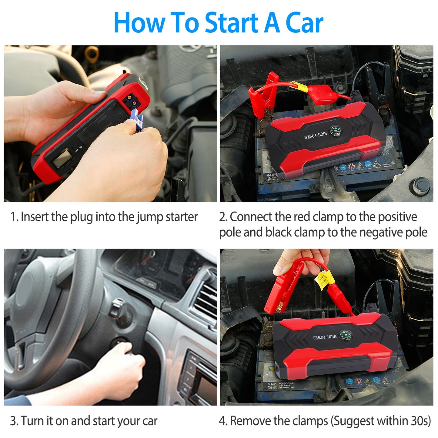 Car Jump Starter Booster 800A Peak 28000mAh 12V Battery Charger Up To 6.0L Gas Or 3.0L Diesel Engine With LCD Screen 4 Modes LED Flashlight