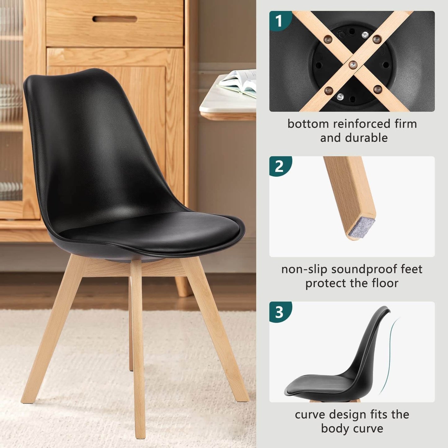 PU Leather Upholstered Dining Chairs With Wood Legs, Set Of 4 For Kitchen, Dining, Living Room