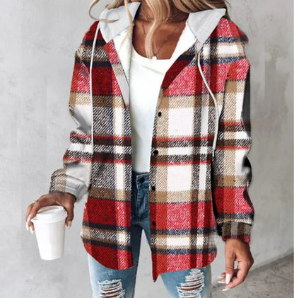 Plaid Hooded Jacket Fashion Casual Button Pocket Coat Autumn And Winter Women's Clothing